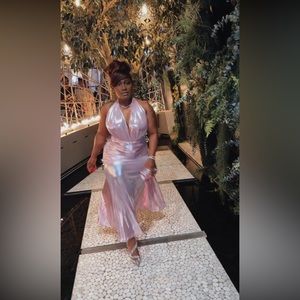 Metallic Lame Halter Neck Ruched Dress pink size 8